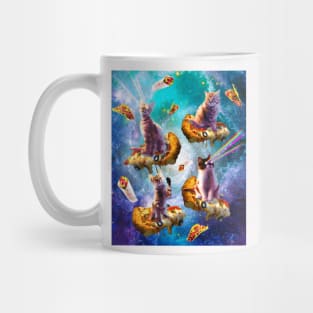 Outer Space Cats With Rainbow Laser Eyes Riding On Pizza Mug